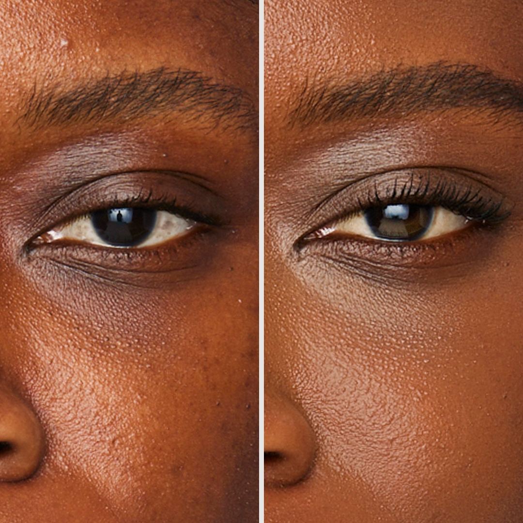 A side-by-side close-up comparison of a person's eye area, one side without makeup and one with.