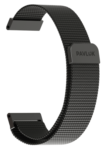 A black woven mesh Pavlok watch band with a magnetic clasp against a white background.