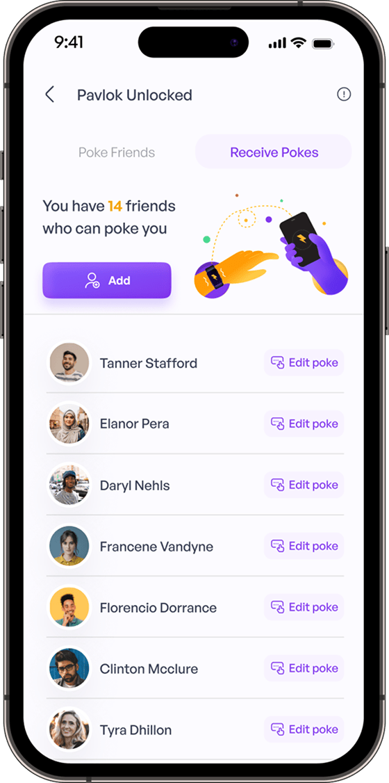 A smartphone screen showing the Pavlok Unlocked app's 'Receive Pokes' feature with a list of friends.