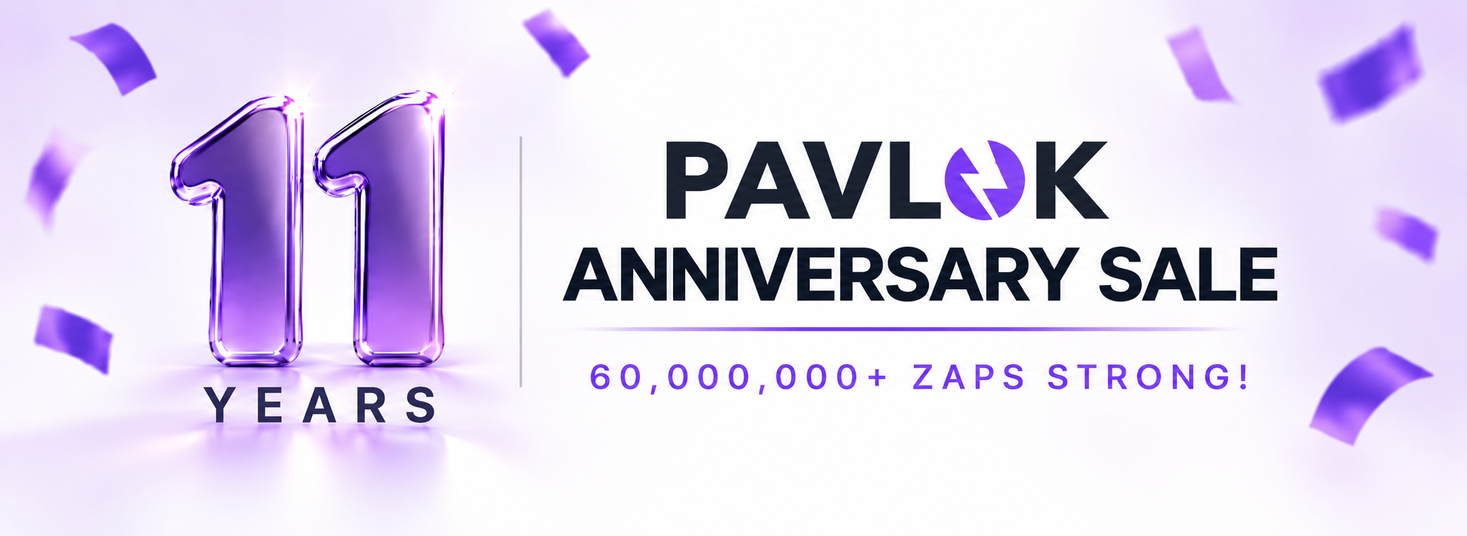 Pavlok Anniversary Sale banner with a large purple number 11 and confetti against a white background.