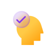 A yellow silhouette of a head with a purple checkmark in a bubble on it.