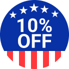 A circular badge with an American flag motif that reads '10% OFF' in white text.