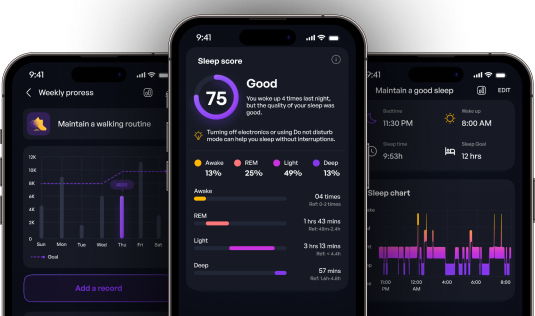 Three smartphone screens displaying a sleep and activity tracking app with a dark mode interface and charts.