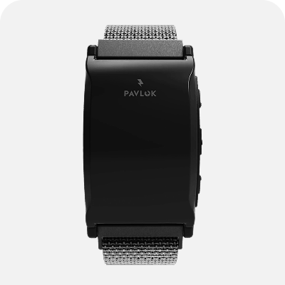 Black smartwatch with a mesh strap and brand logo on the screen.