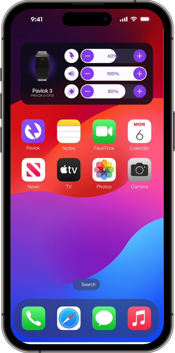An iPhone home screen displays the Pavlok 3 app widget with controls for zap, sound, and vibration.