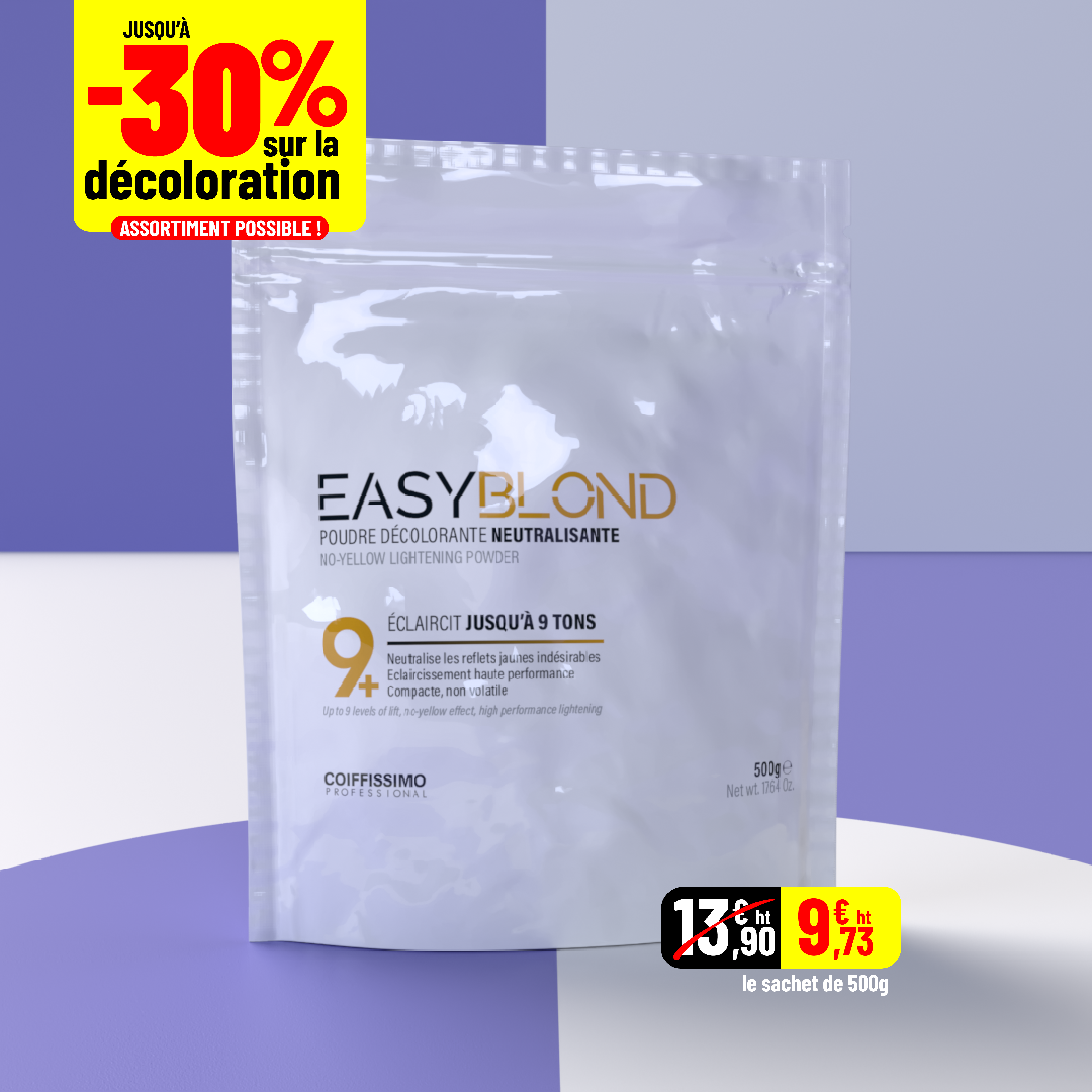 A white pouch of Easyblond hair lightening powder with a yellow -30% off promotional sticker.