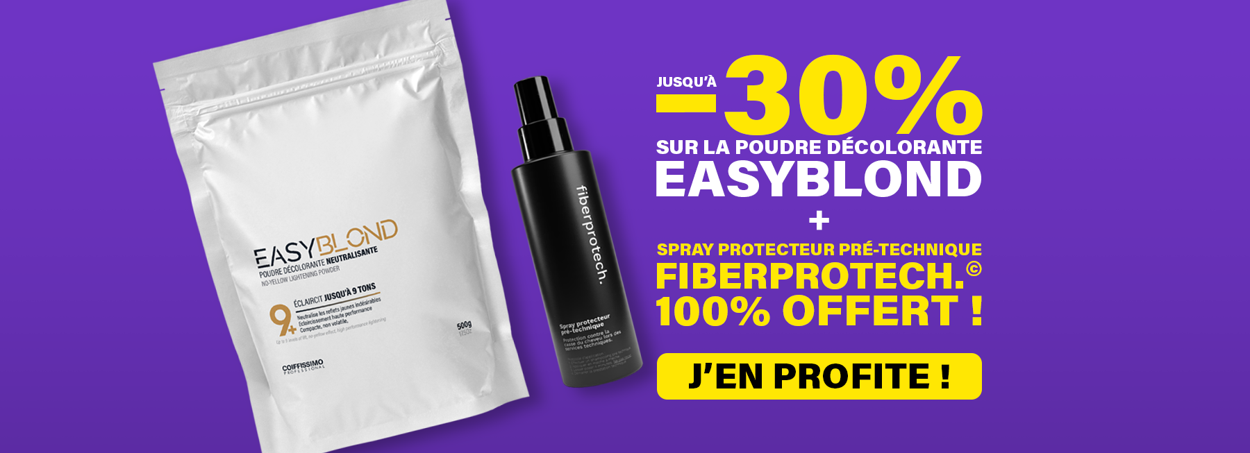 Packaging of Easyblond powder and Fiberprotech spray on a purple background with discount text.