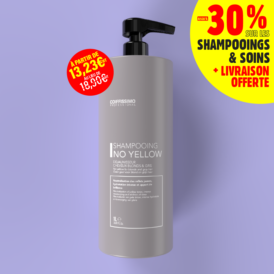 A large bottle of Coiffissimo No Yellow shampoo on a purple background with French promotional text.