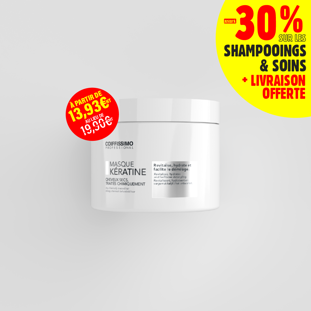 A white tub of Coiffissimo Professional Masque Kératine hair mask against a grey background with promotional stickers.