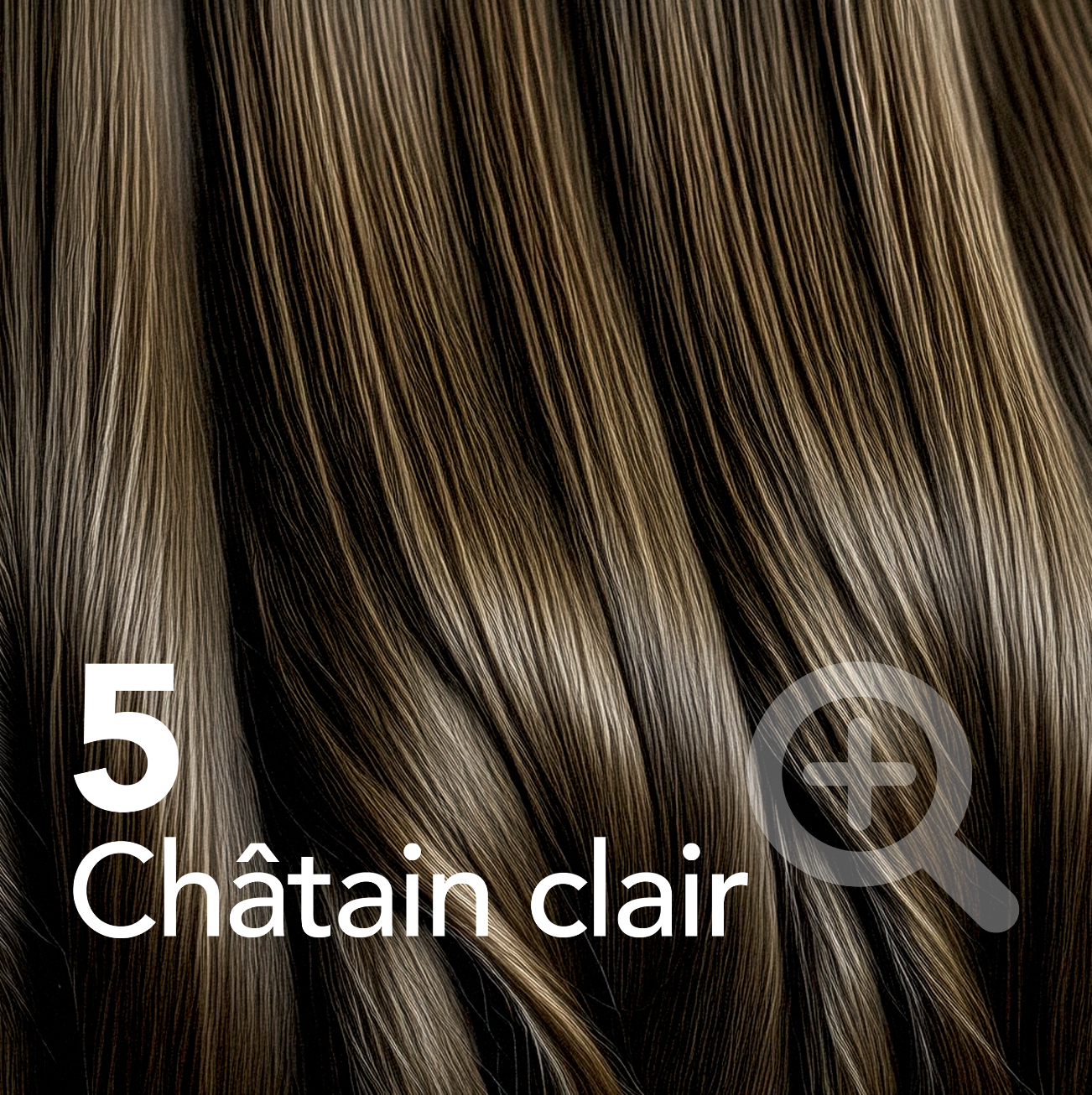 A close-up of light brown hair with highlights, labeled with the number 5 and 'Châtain clair'.