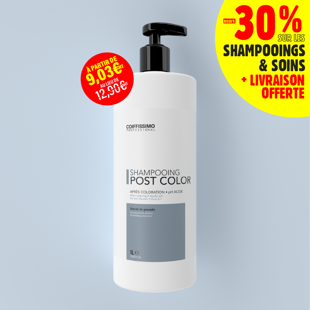 A bottle of Coiffissimo Post Color shampoo with promotional text in French showing discounts and free delivery.