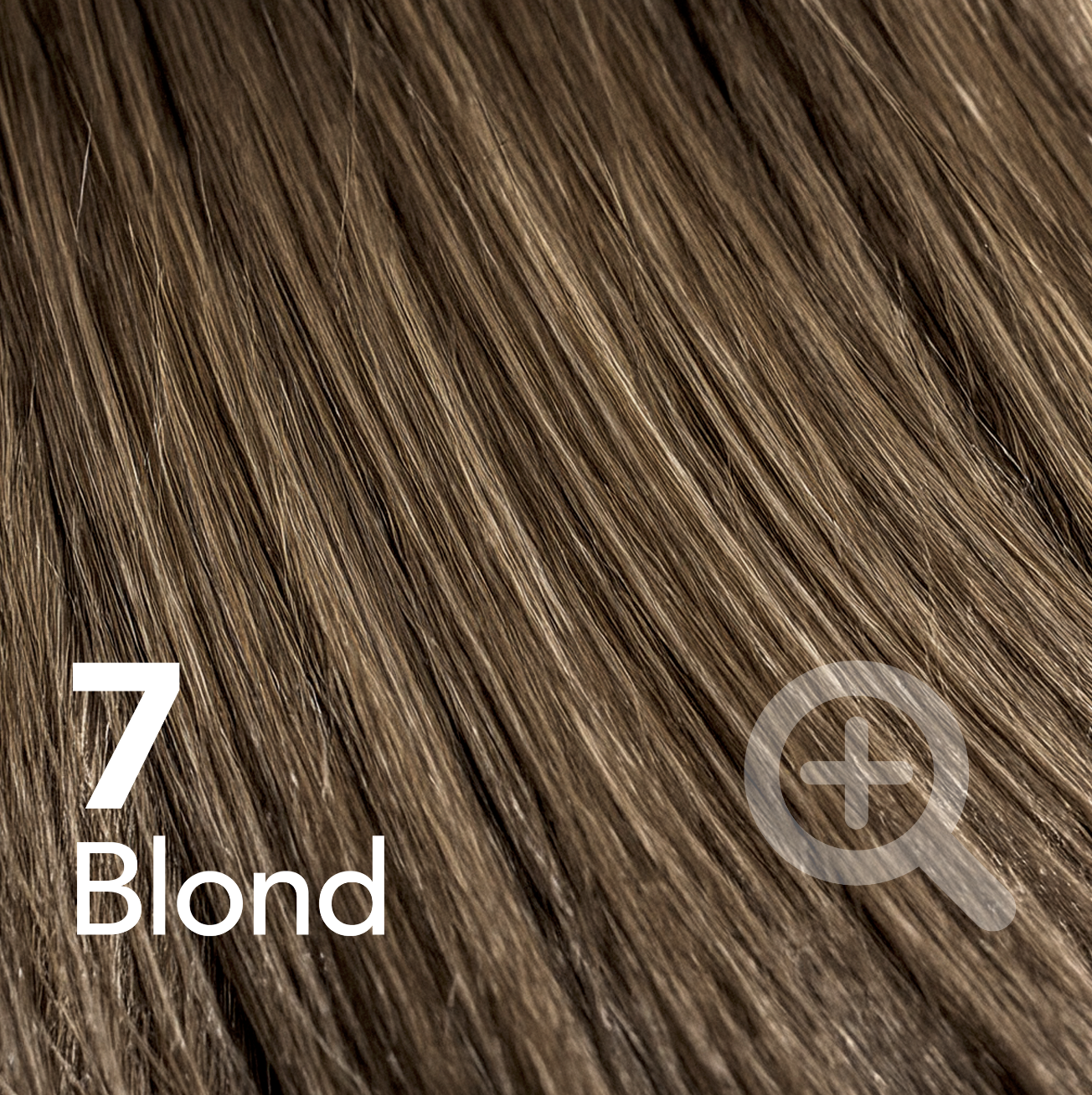 A close-up of a medium ash blonde hair swatch labeled '7 Blond'.
