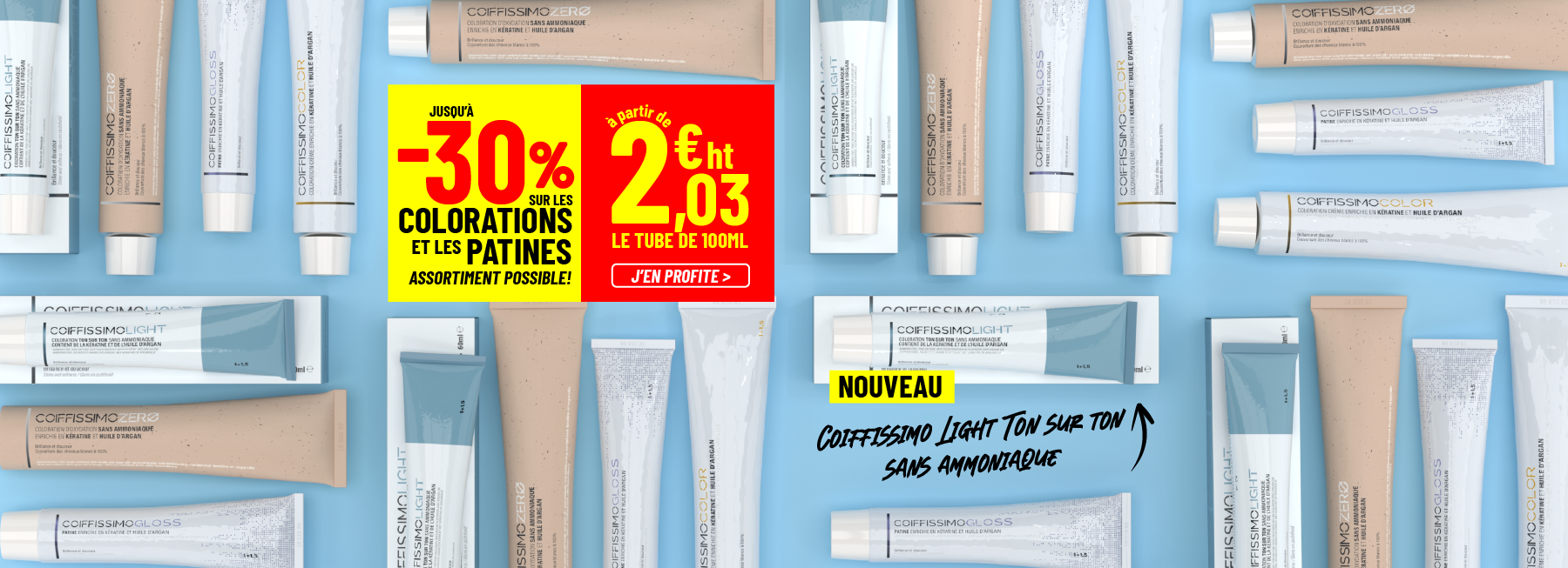 A promotional banner for Coiffissimo hair color products with various tubes on a blue background and sales text.