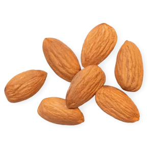 Seven whole almonds scattered on a white background.