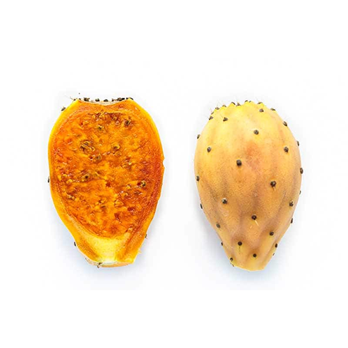 Two halves of a cactus fruit, one whole and one cut open.