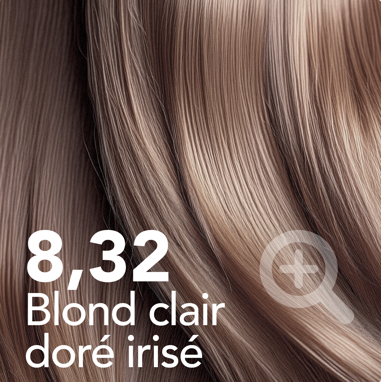 A close-up of light golden iridescent blonde hair, labeled with the color code 8,32.