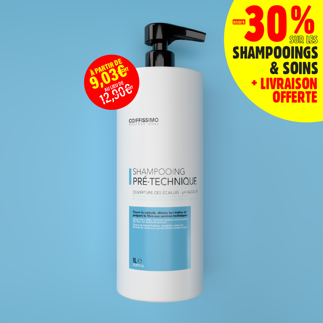 A white bottle of Coiffissimo Professional shampoo on a blue background with promotional text in French.