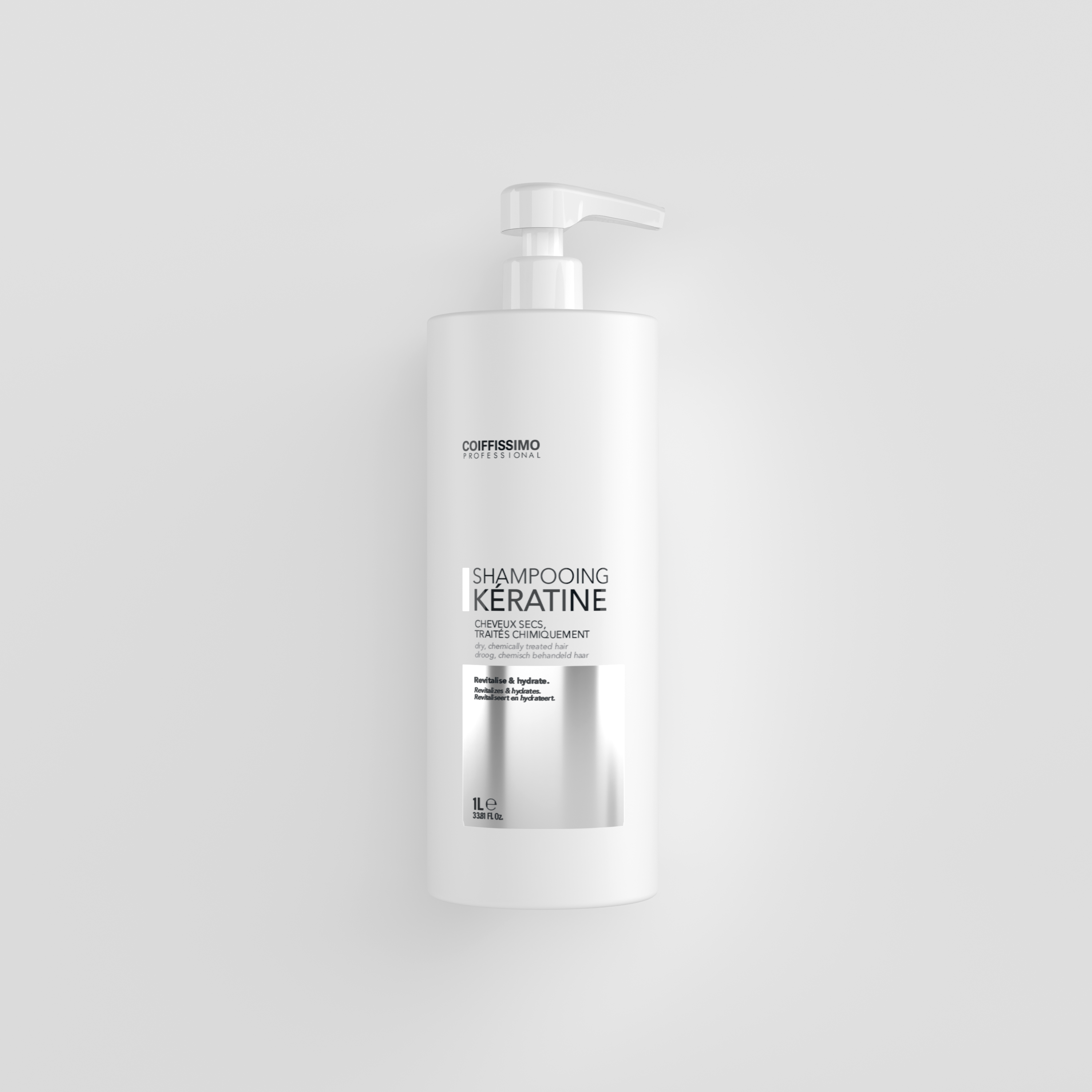 White bottle of keratin shampoo with pump dispenser.