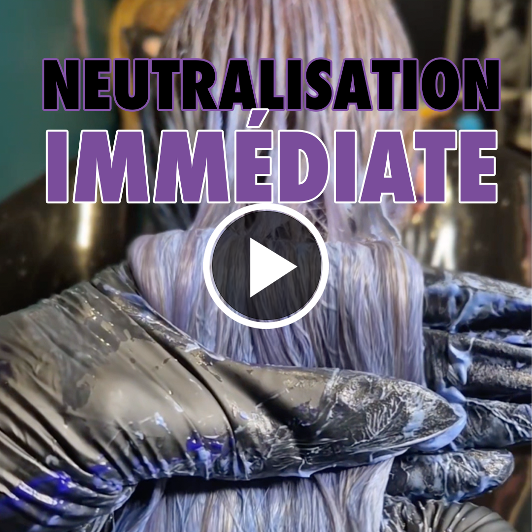 A hairdresser's gloved hands applying purple toning product to light-colored hair, with text and a play button overlay.