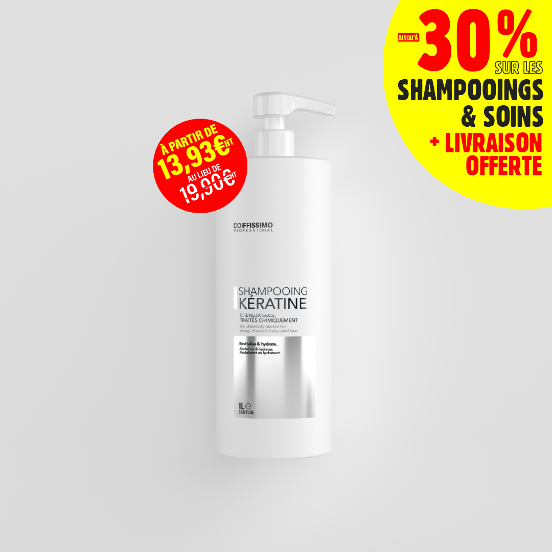 A large white pump bottle of Coiffissimo Professional Keratin Shampoo against a grey background with promotional text overlays.