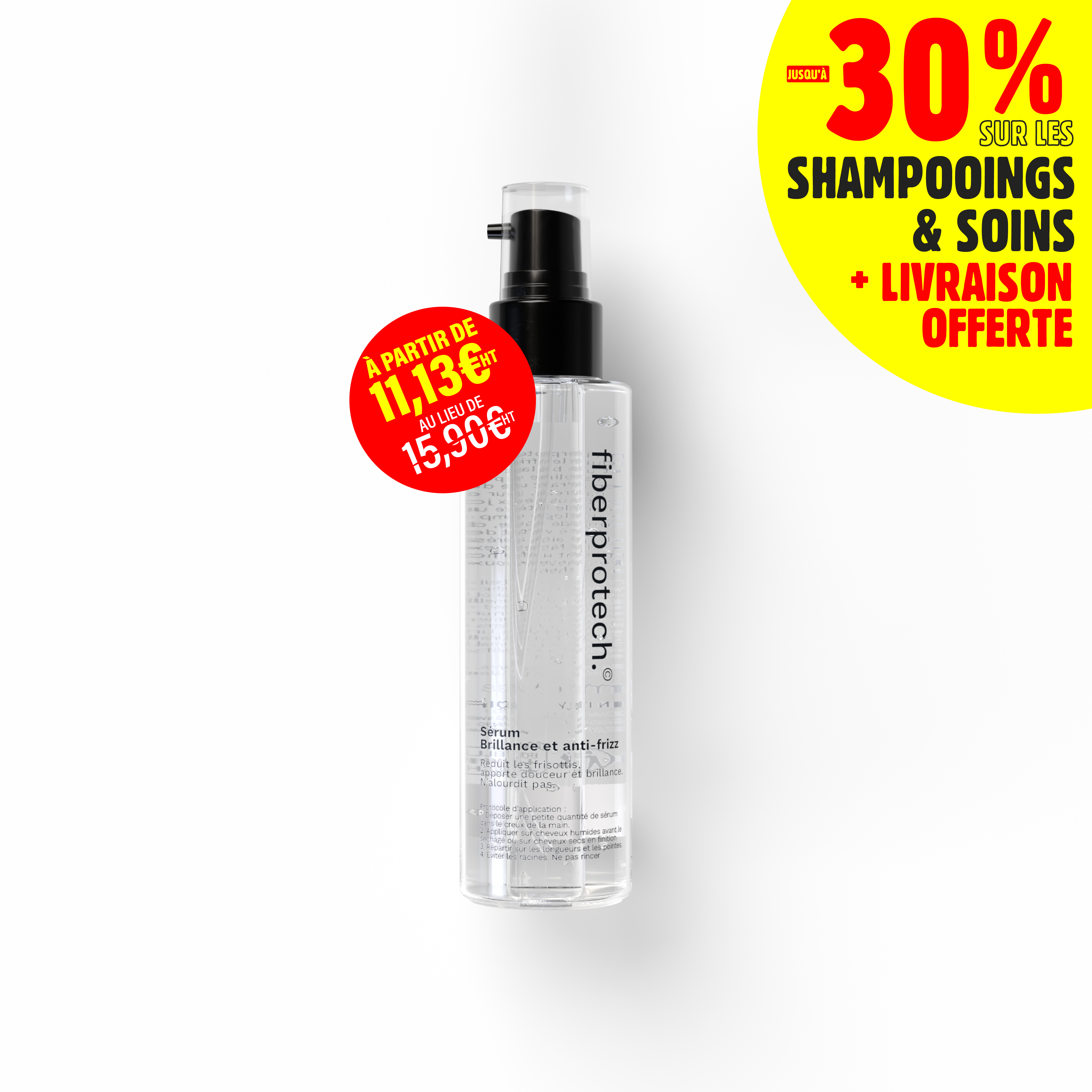 A bottle of Fiberprotech hair serum on a white background with promotional sale stickers in French.