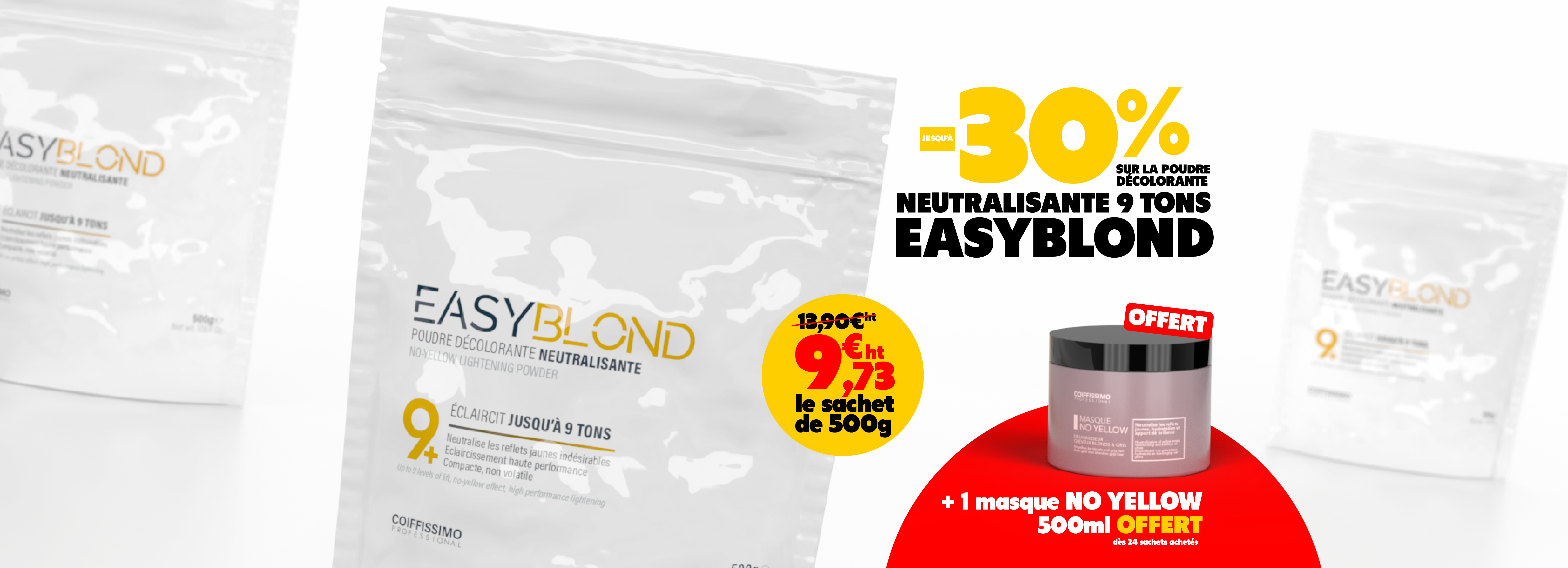 A promotional banner for Easyblond hair products, featuring a 30% discount and a free No Yellow mask offer.