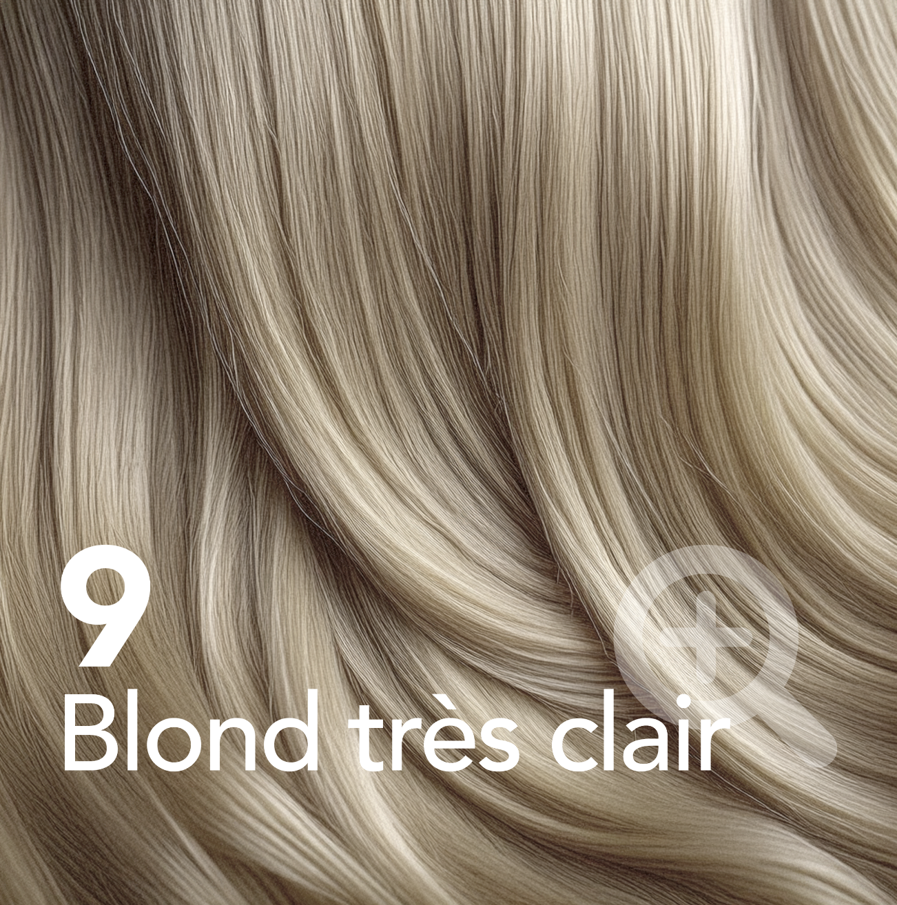 A close-up of very light blonde hair, labeled in French '9 Blond très clair' (9 Very light blonde).
