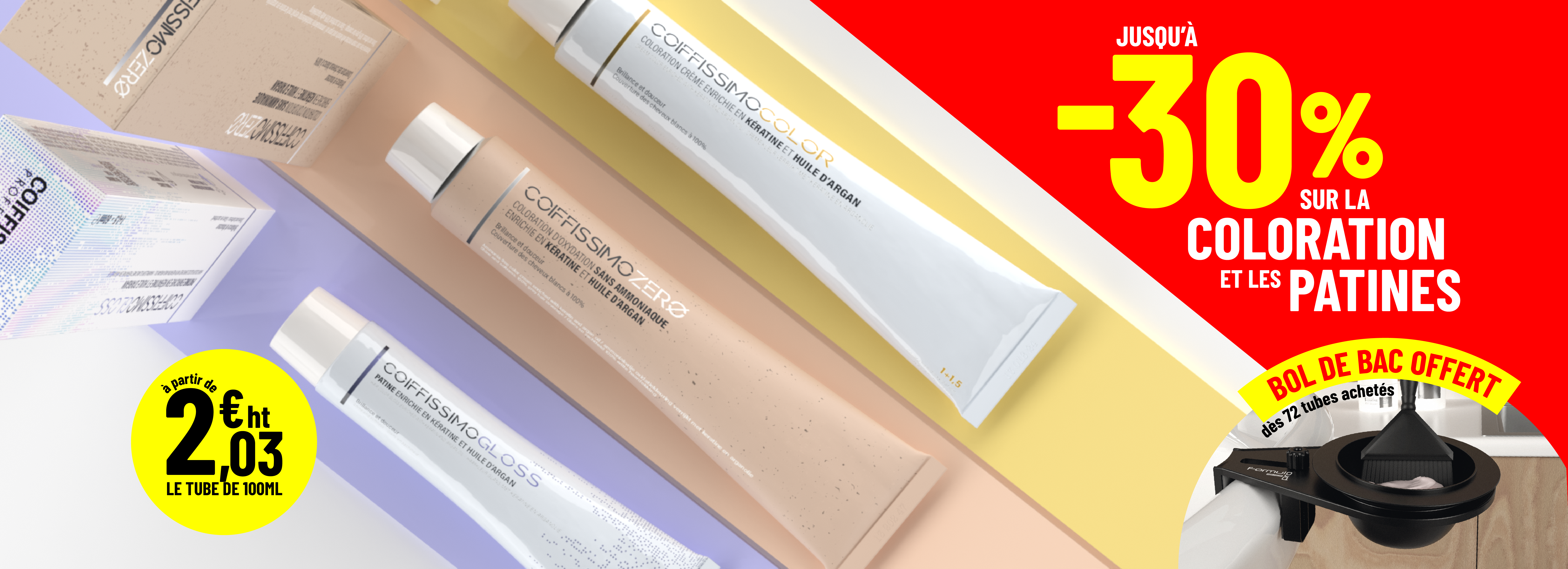 Color tubes and boxes with discount text in French, red and yellow background.
