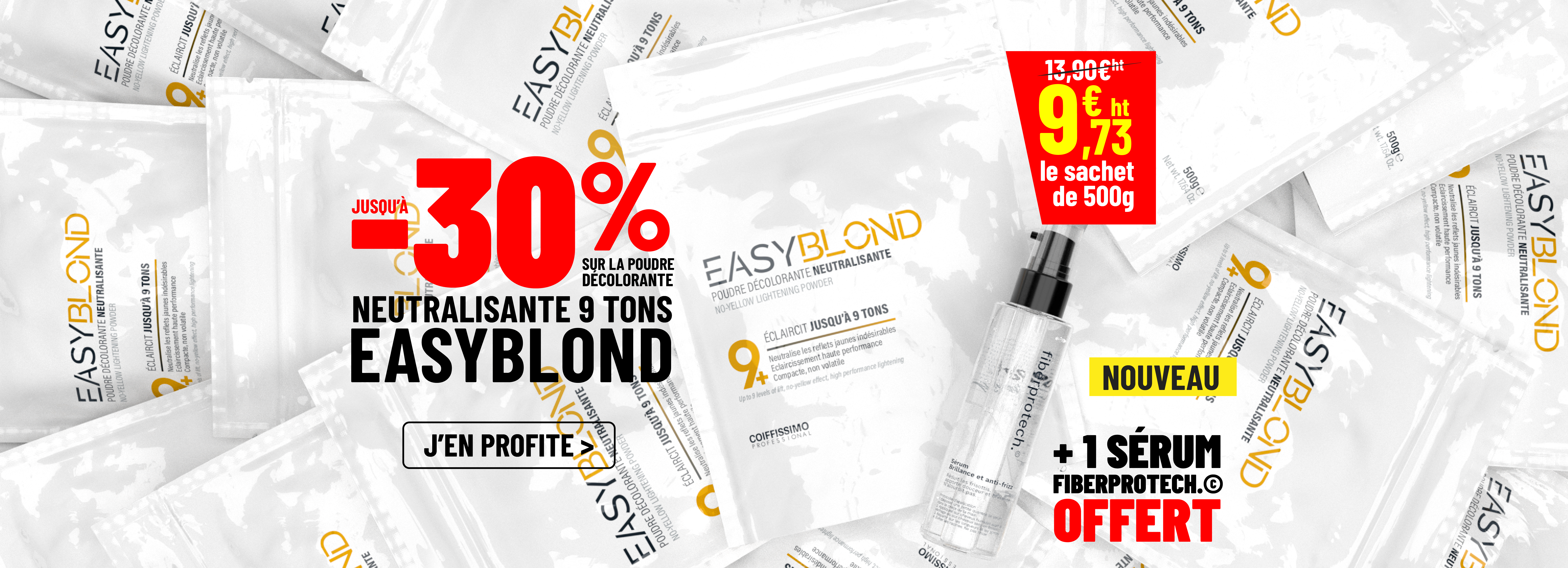 A promotional banner for Coiffissimo hair color products with various tubes on a blue background and sales text.