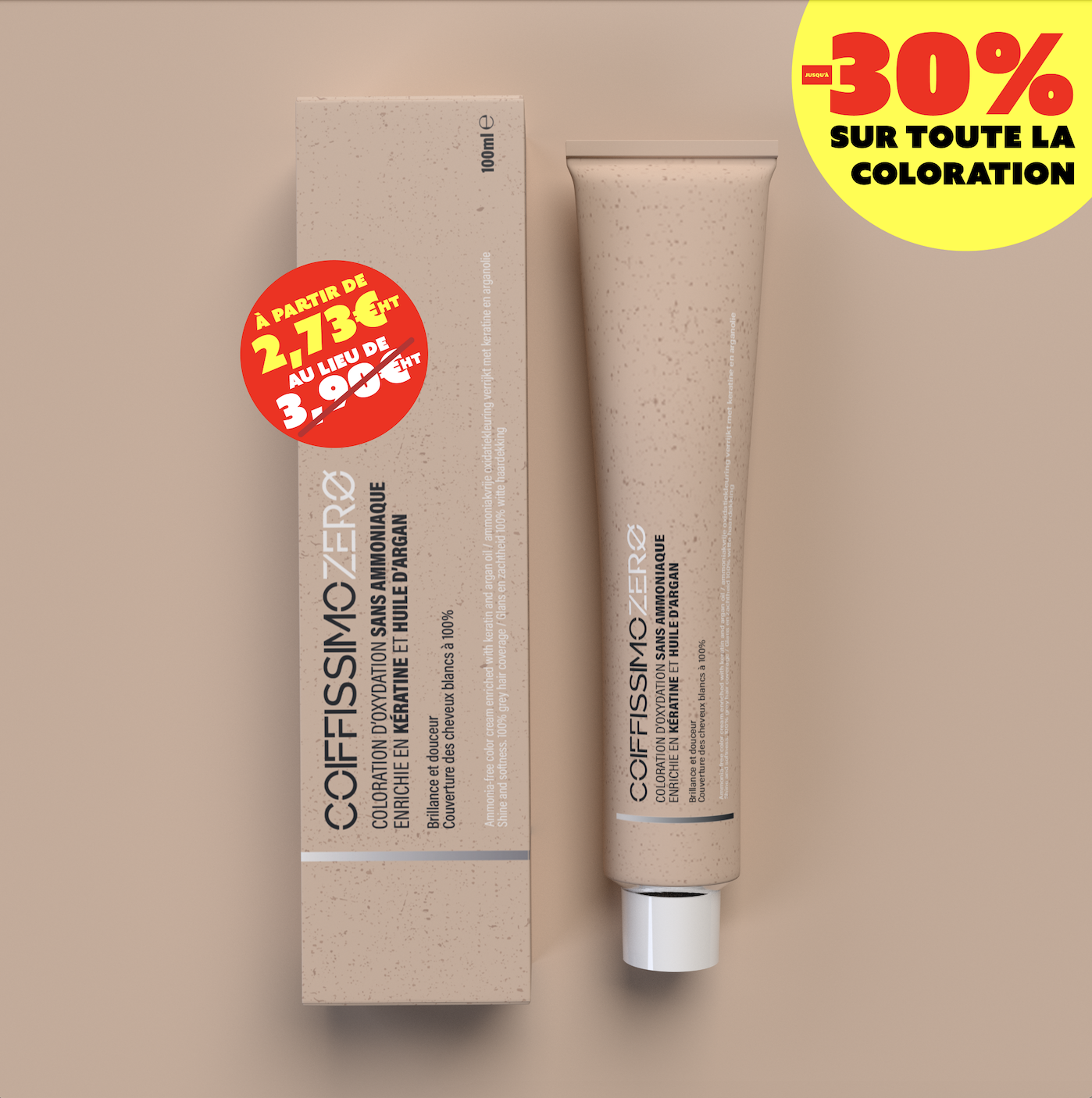 Beige hair color tube and box with discount label in French.