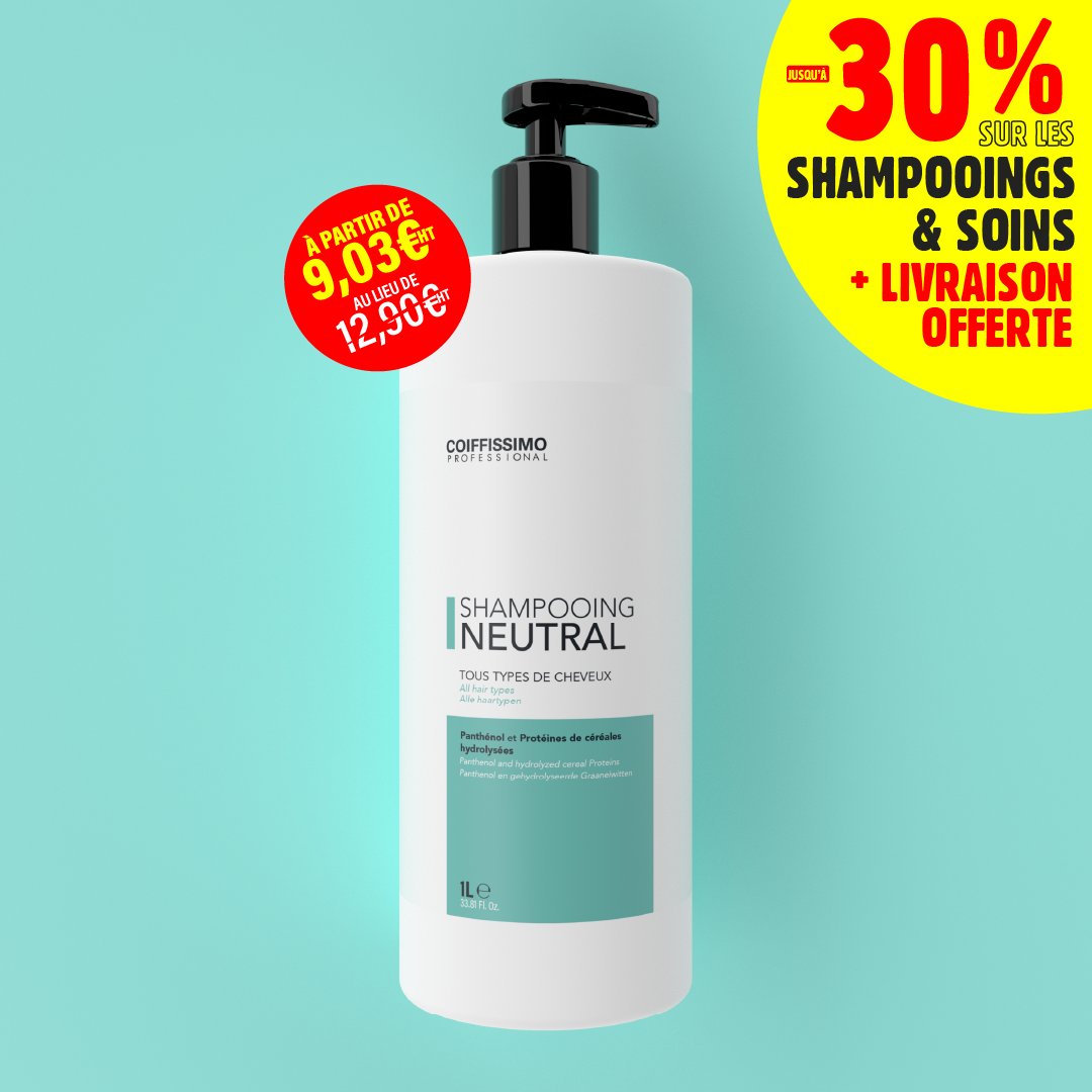 A white pump bottle of Coiffissimo Professional shampoo against a turquoise background with promotional stickers.
