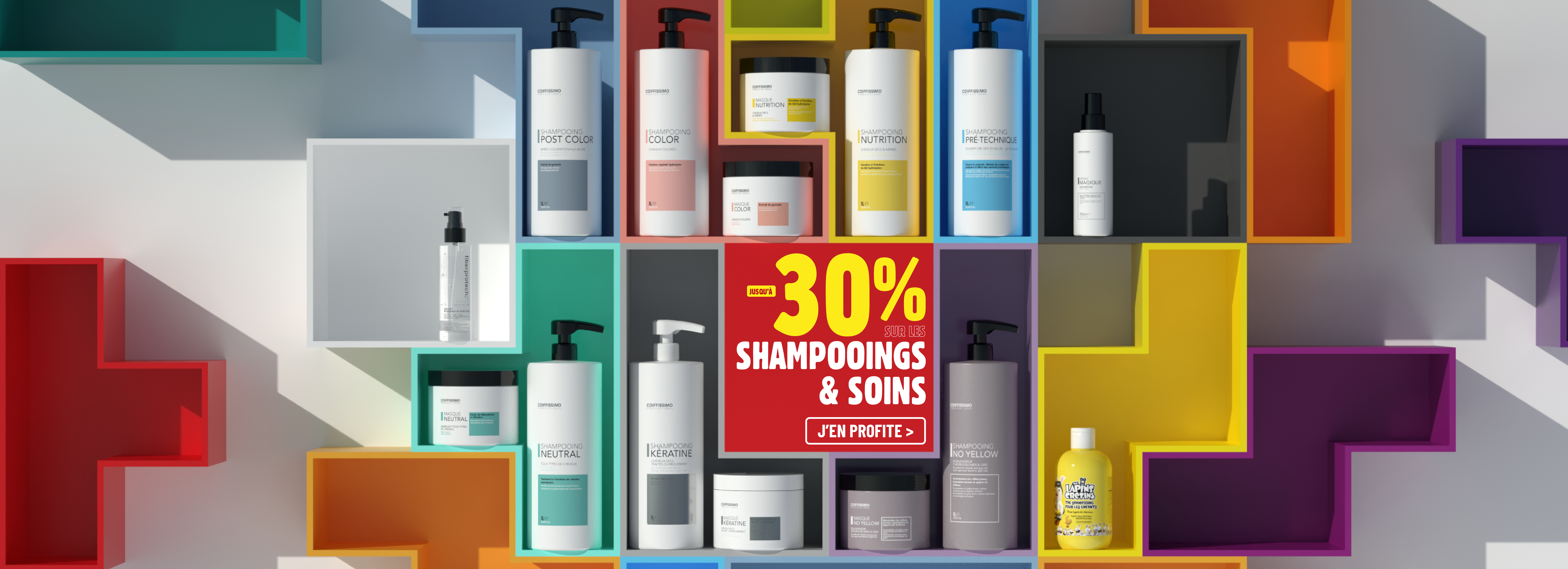 A promotional banner for Coiffissimo hair color products with various tubes on a blue background and sales text.