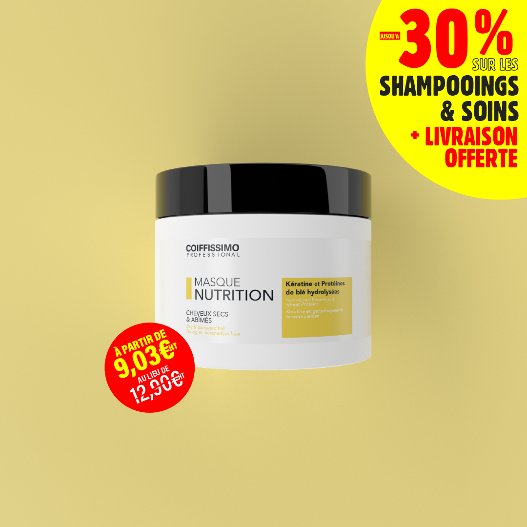 An advertisement for Coiffissimo Professional hair mask, showing a jar of the product and sale prices in French.