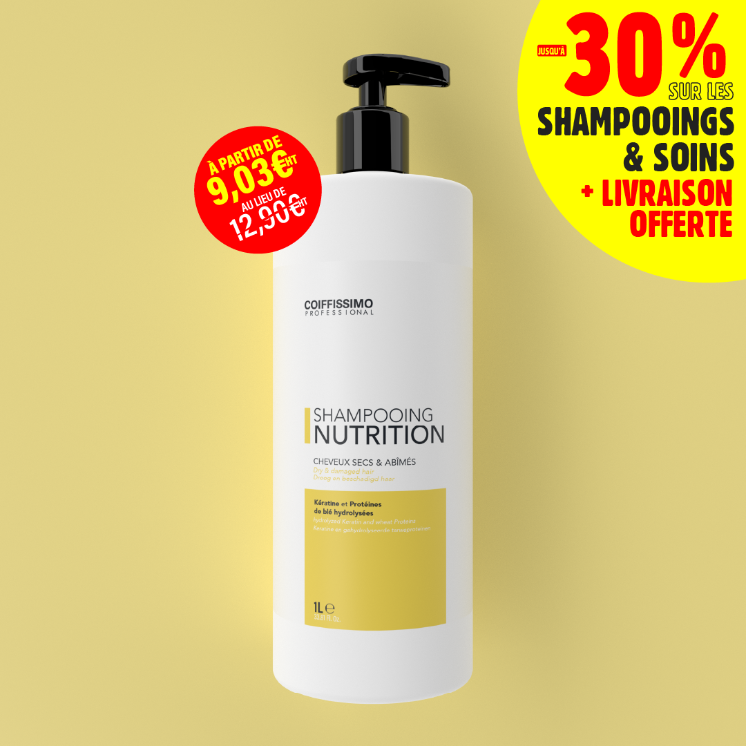 A large white bottle of Coiffissimo Professional Nutrition shampoo with a black pump on a yellow background.