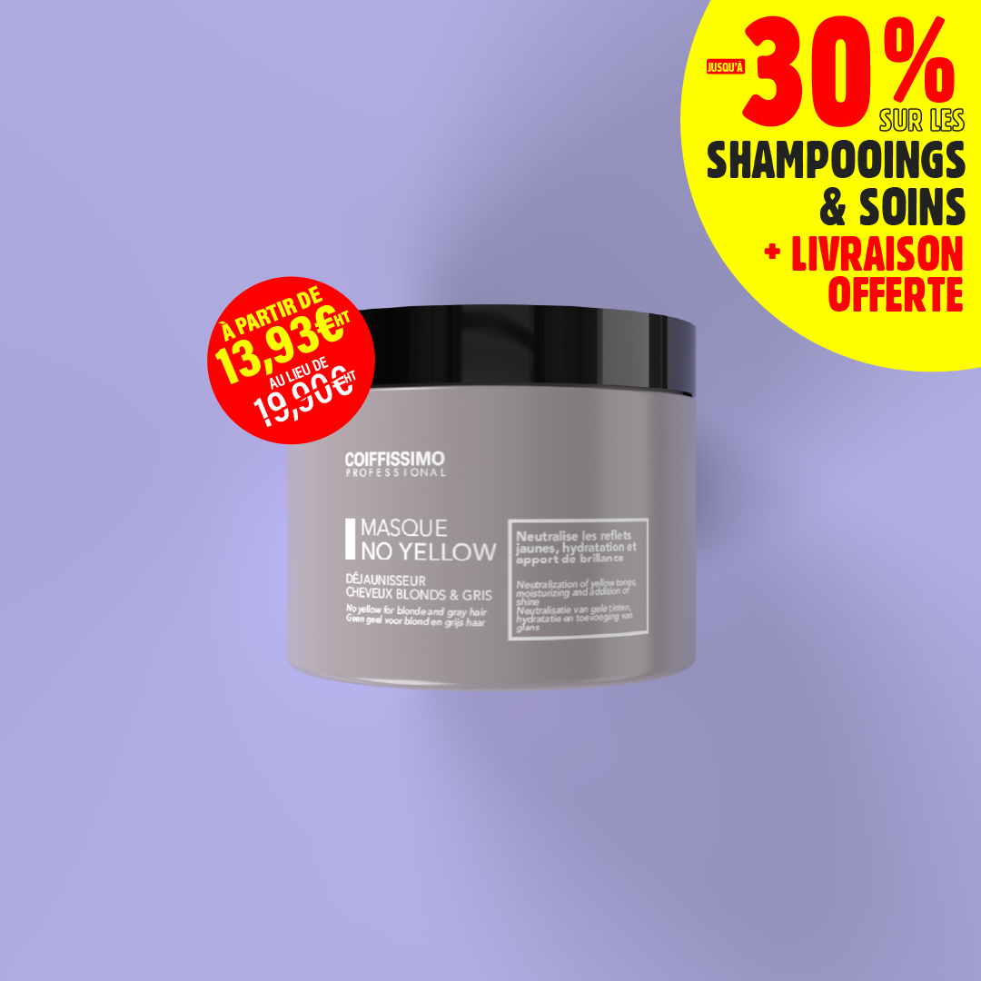 A jar of Coiffissimo Professional No Yellow hair mask on a purple background with promotional offers.