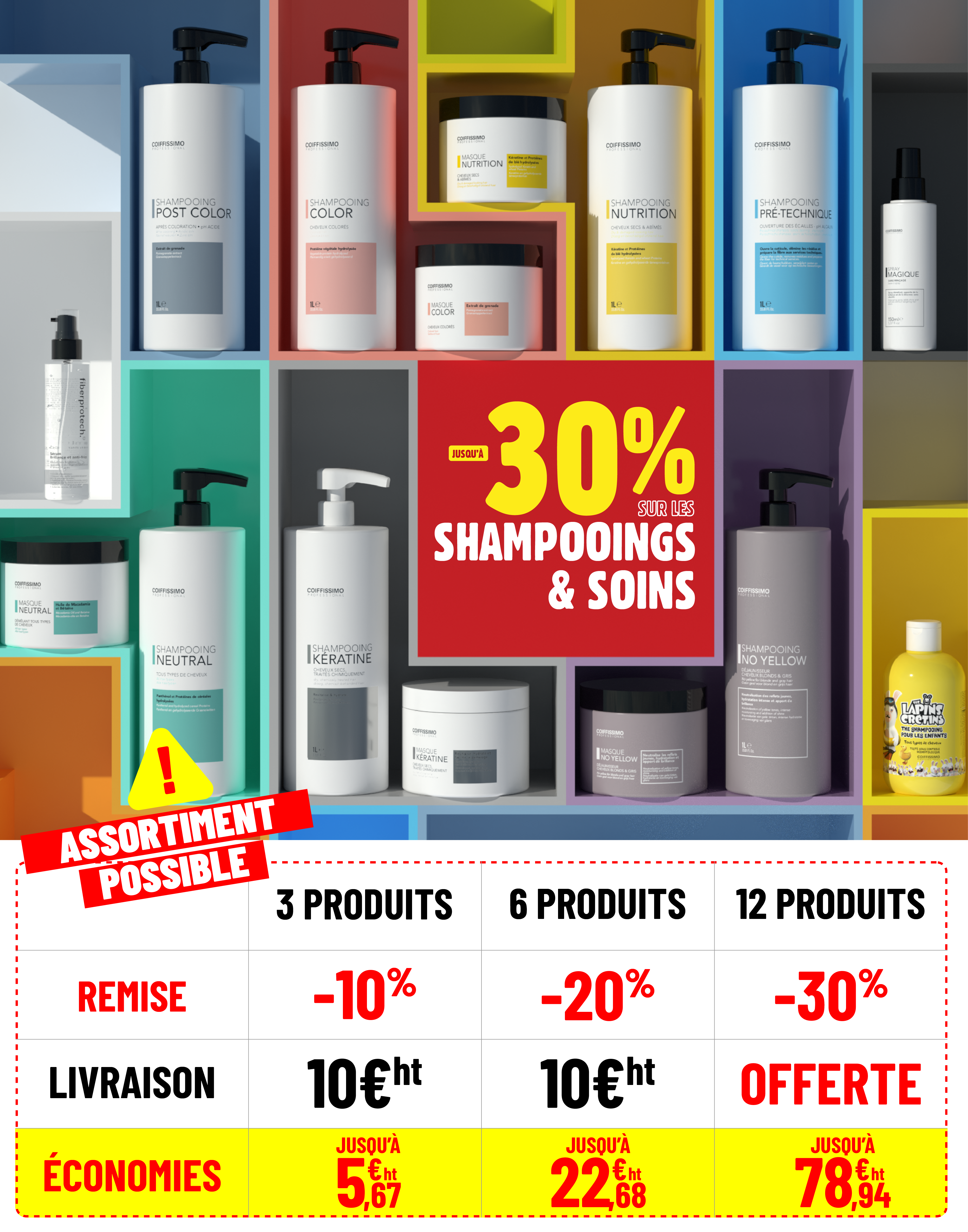 A promotional graphic in French for hair care products, showing bottles on shelves and details of a sale.