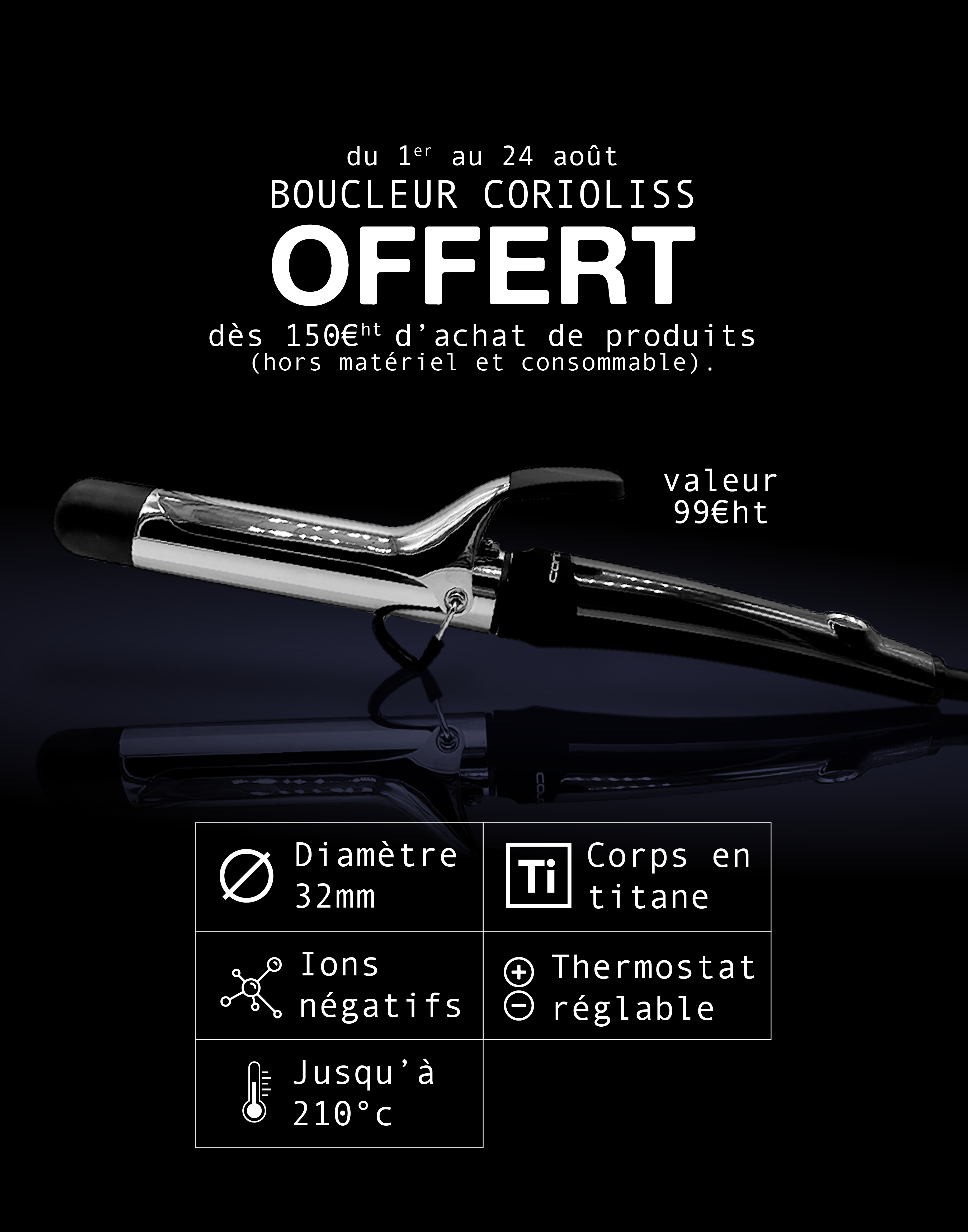Promotional image of a curling iron with French text and product features.