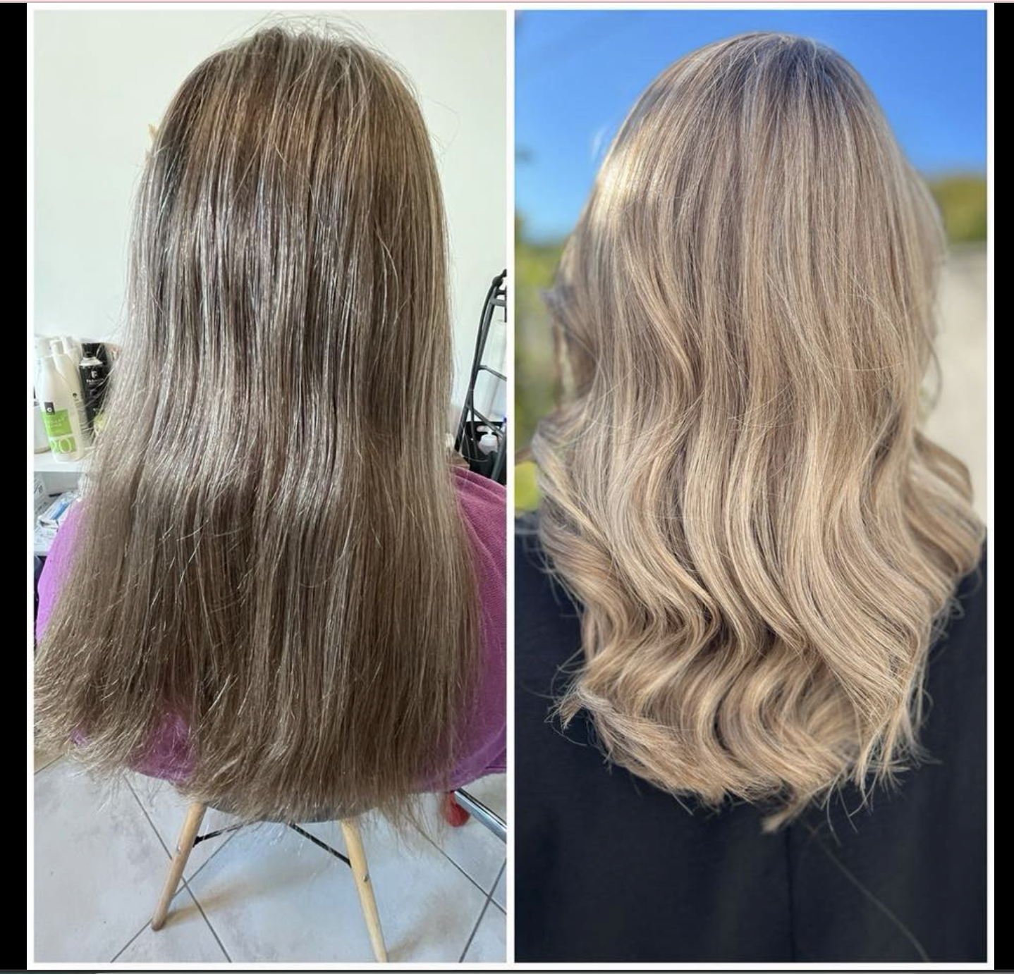 A before and after photo showing a hair transformation from straight, darker hair to styled, wavy blonde hair.