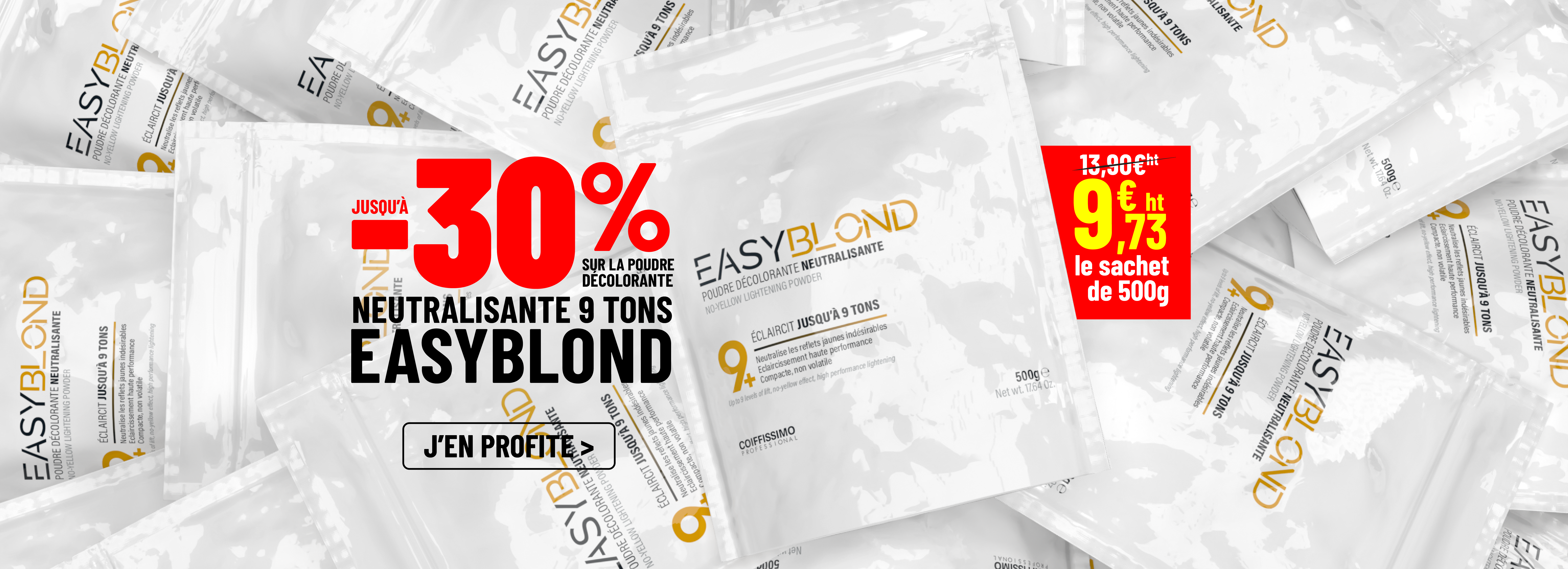 Promotional banner in French for EASYBLOND lightening powder, advertising a 30% discount on 500g sachets.
