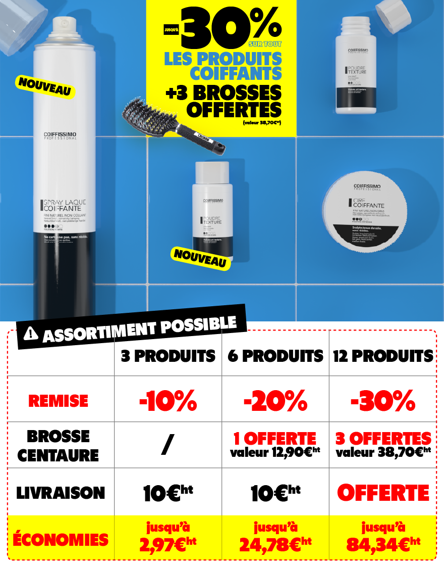 A promotional image in French for hair styling products, displaying different discount tiers and offers.