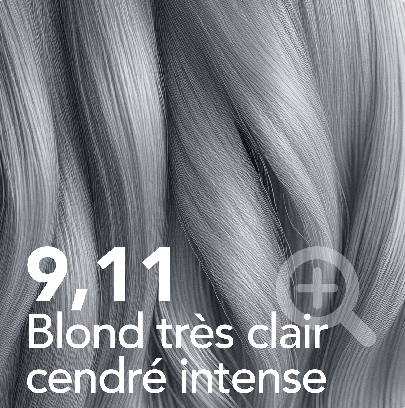 A swatch of wavy, silvery-blonde hair labeled '9,11 Blond très clair cendré intense'.