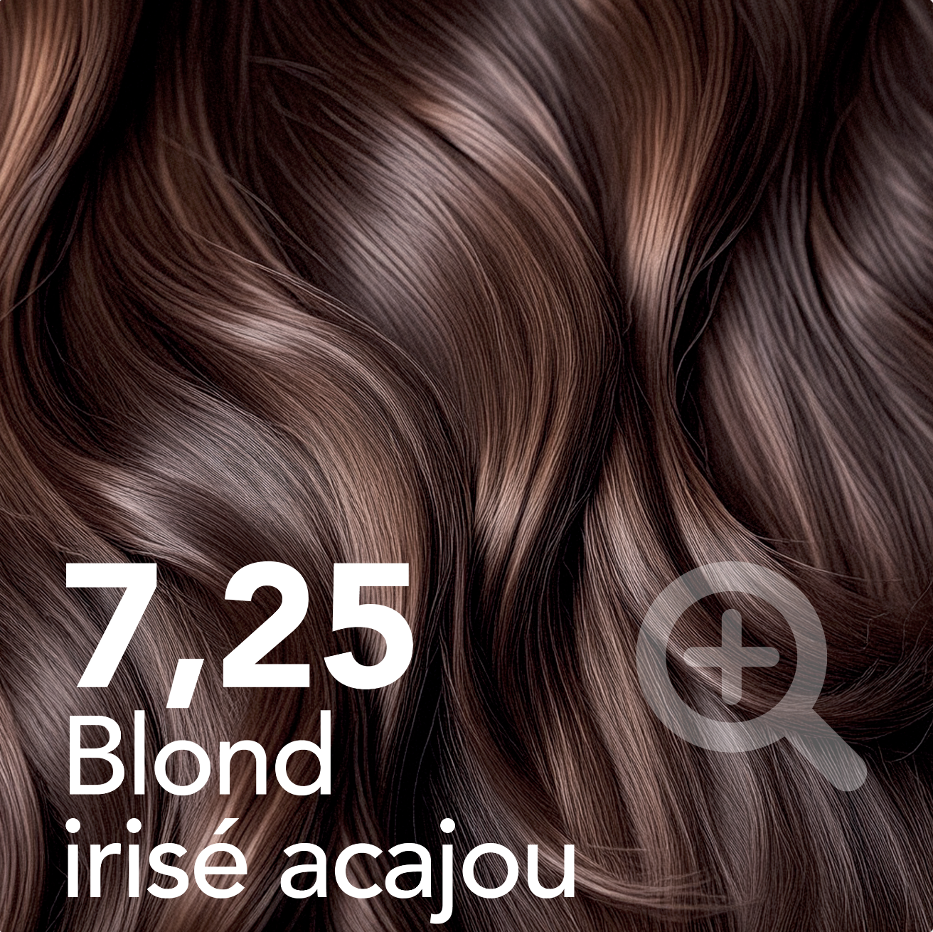 A close-up of wavy, shiny, reddish-brown hair with the text '7,25 Blond irisé acajou' superimposed.