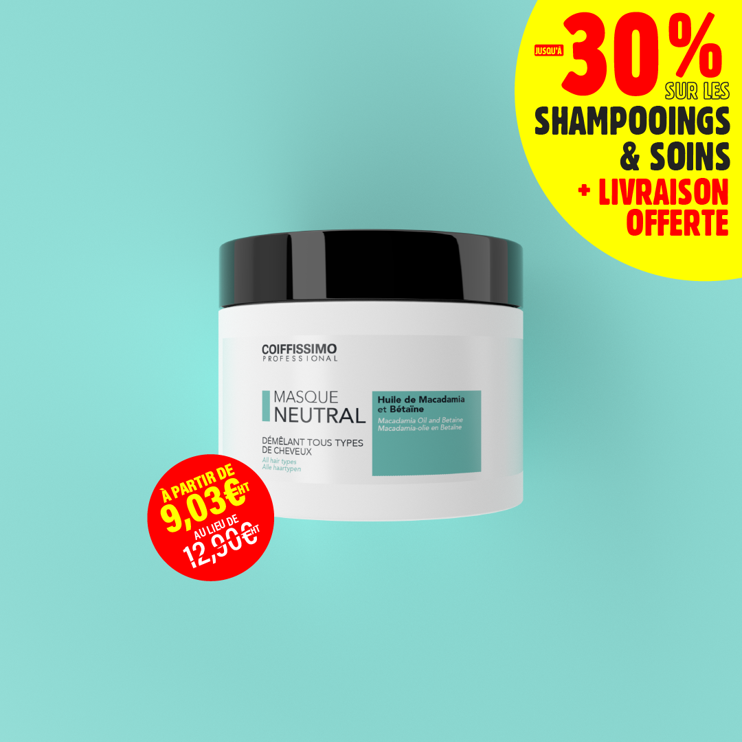 A promotional image of a Coiffissimo Professional hair mask jar on a turquoise background.