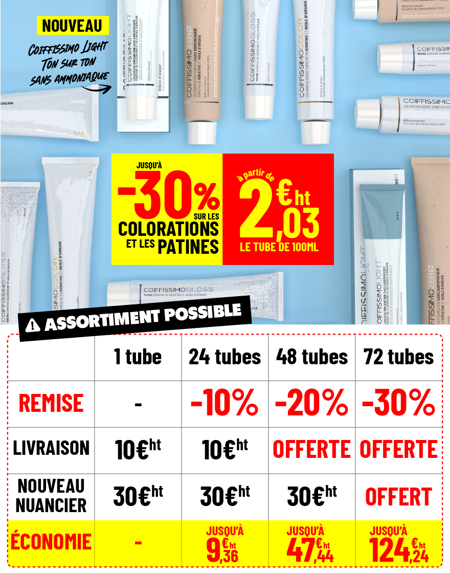 A promotional graphic in French for Coiffissimo hair color, showing tubes and a discount pricing chart.