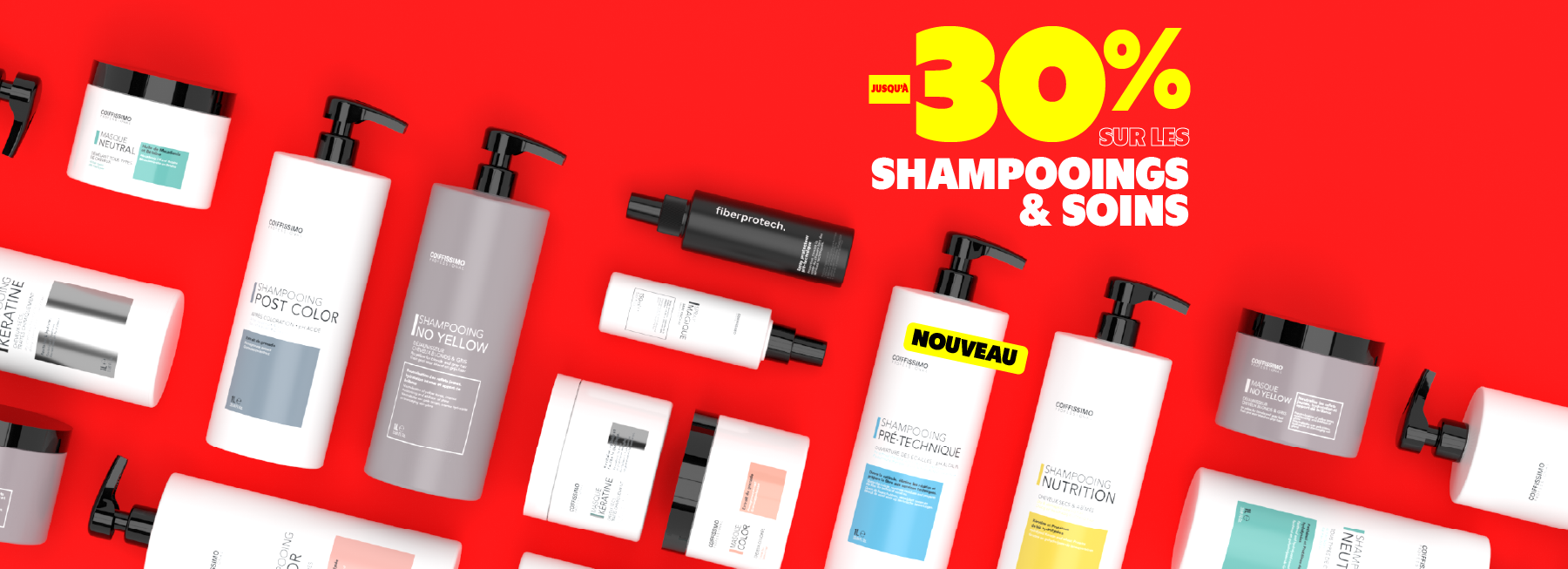 Packaging of Easyblond powder and Fiberprotech spray on a purple background with discount text.