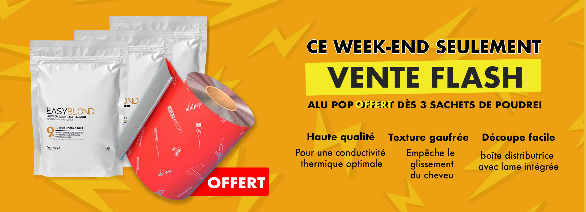 Packaging of Easyblond powder and Fiberprotech spray on a purple background with discount text.