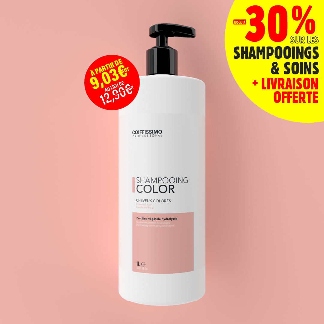 A white bottle of Coiffissimo Professional shampoo on a pink background with French text advertising a sale.