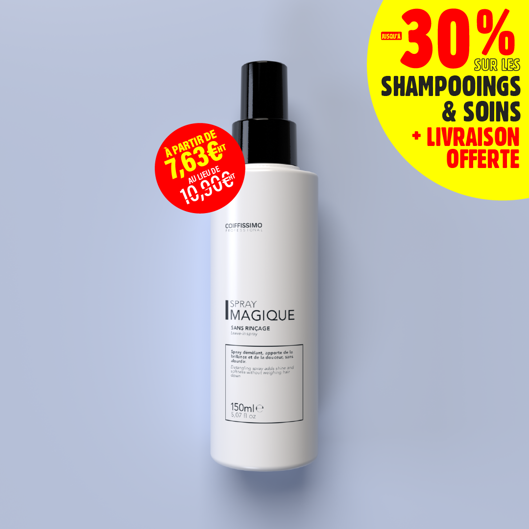 A bottle of Coiffissimo leave-in hair spray on a blue background with promotional sale stickers.