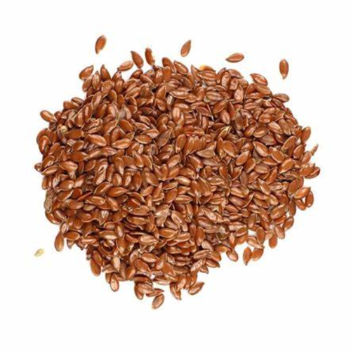 A pile of brown flaxseeds on a white background.