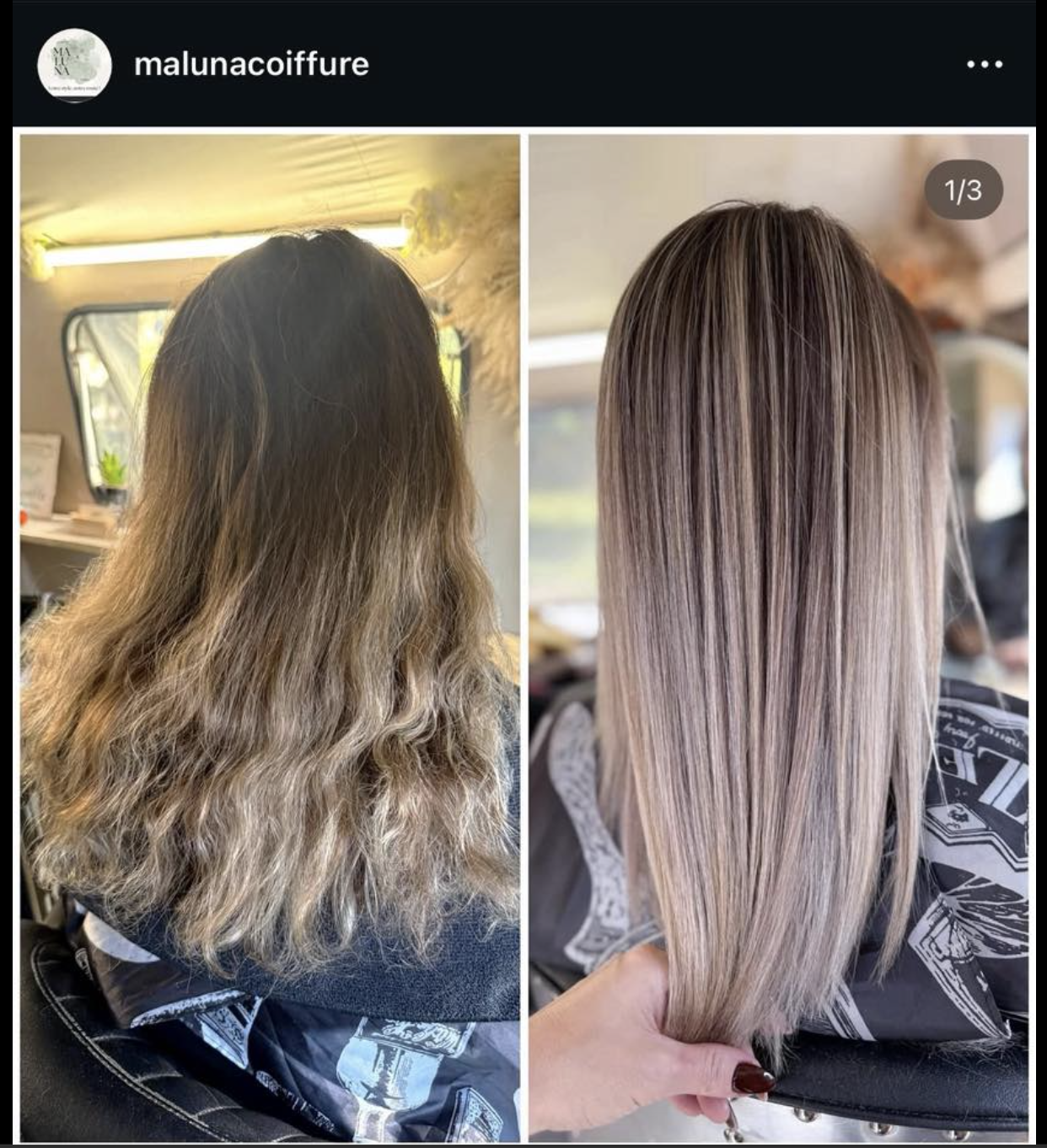 A before and after photo showing a hair transformation from wavy and brassy to straight and cool-toned highlights.